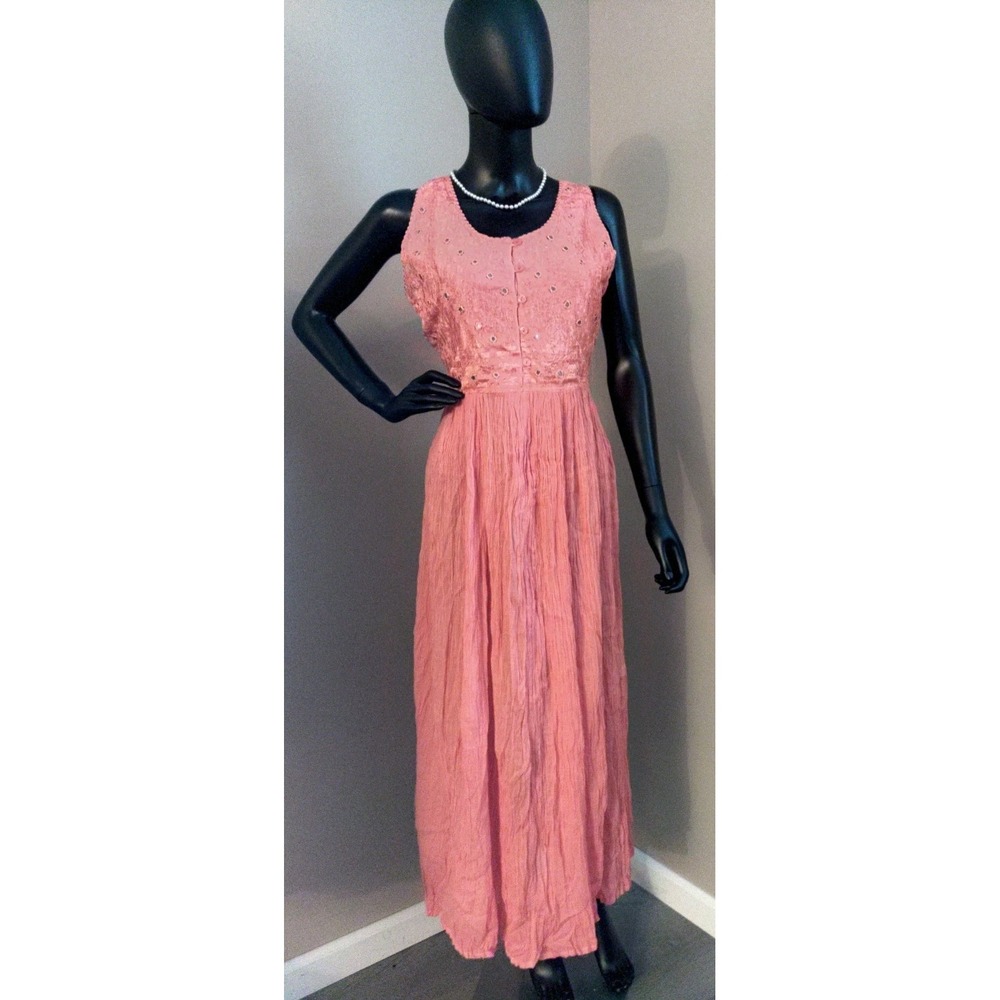 Ashis Women Scrunch Salmon Orange Glass Look Eyelet Midi Dress Size 10